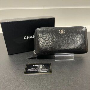 Chanel Lambskin Camellia Embossed Zip Around Black Wallet (JB1216)